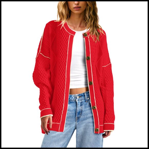 Sweaters - Oversized Cable Knit Cardigan Sweater Lightweight Button Front Pockets